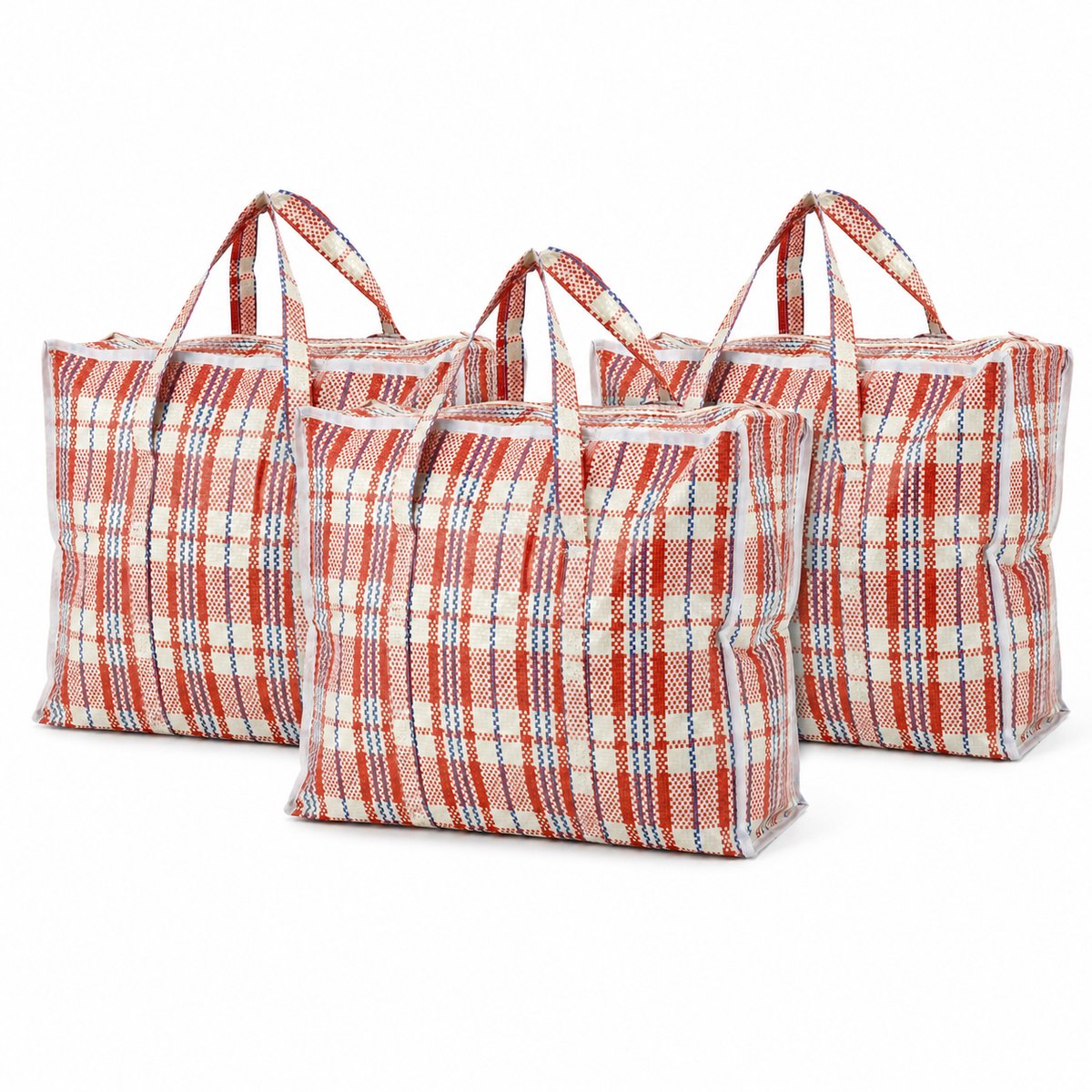 Opbergtas met Rits 30L – 3 Stuks Opbergtassen voor Kleding, Wasgoed en Beddengoed – Shopper en Boodschappentas met Rits – Verhuistas – 40 x 43 x 18 cm – Rood Wit Blauw