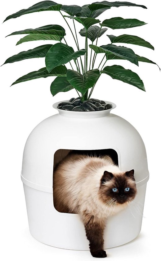 SnelShoppen - Verborgen Kattenbak Plantenbak - Patented Geurcontrole Design - Inclusief Kunstplant, Koolstoffilter en Natuurlijke Steentjes - Modern e