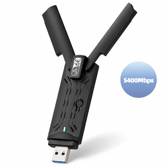Zwarte WiFi 6E USB-adapter met 2 uitklapbare antennes, 5400Mbps