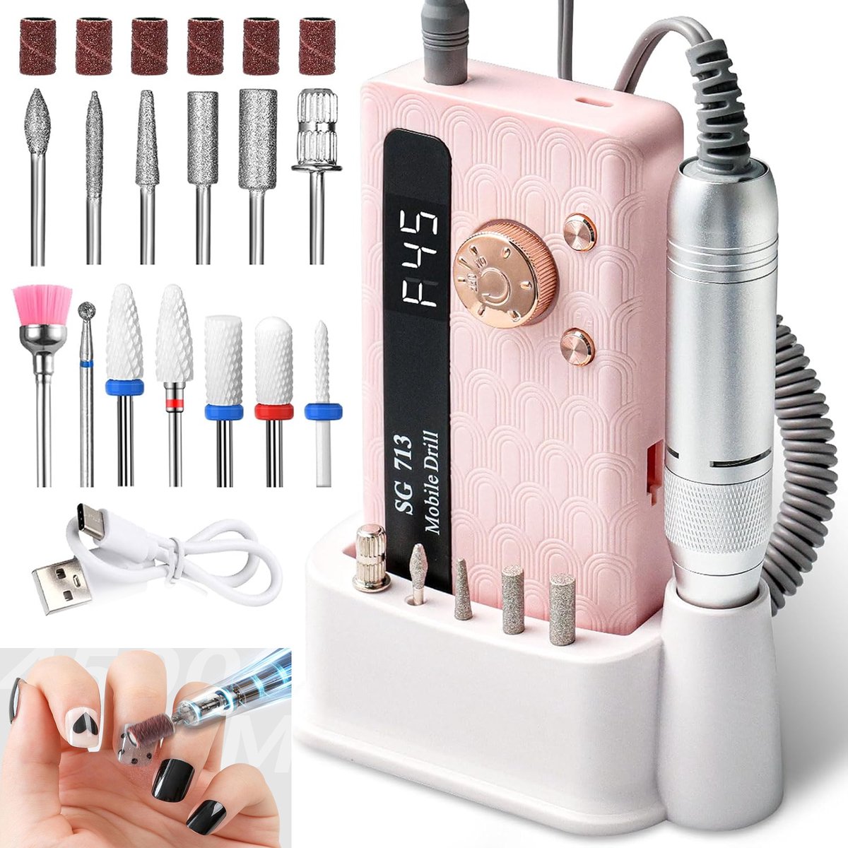 KZQ Professionele nagelboor met 13 opzetstukken - LED-scherm en ultra-stil - Oplaadbaar voor acrylnagels en gelpolijst - Roze