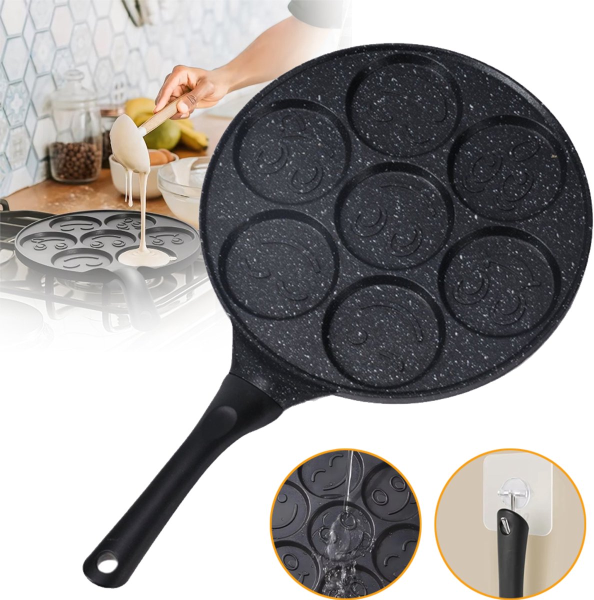 30.5cm Pannenkoekenpan Met Smileygezicht - Pannenkoekenvormpje Met 7 Gaten - Crêpe- En Eierkoekenpan Van Gegoten Aluminium