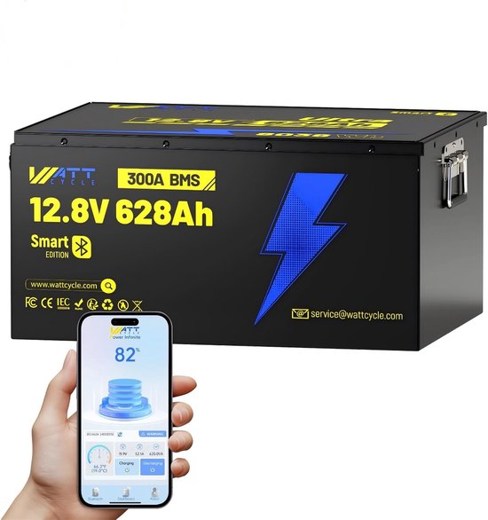 WattCycle 12V 628Ah LiFePO4 Accu met Bluetooth 5.0 & 300A BMS – 8030Wh Lithium Batterij, Laagtemperatuurbeveiliging, 6000+ Cycli, voor Zonnepanelen, Camper, Boot, Off-Grid & Thuisb