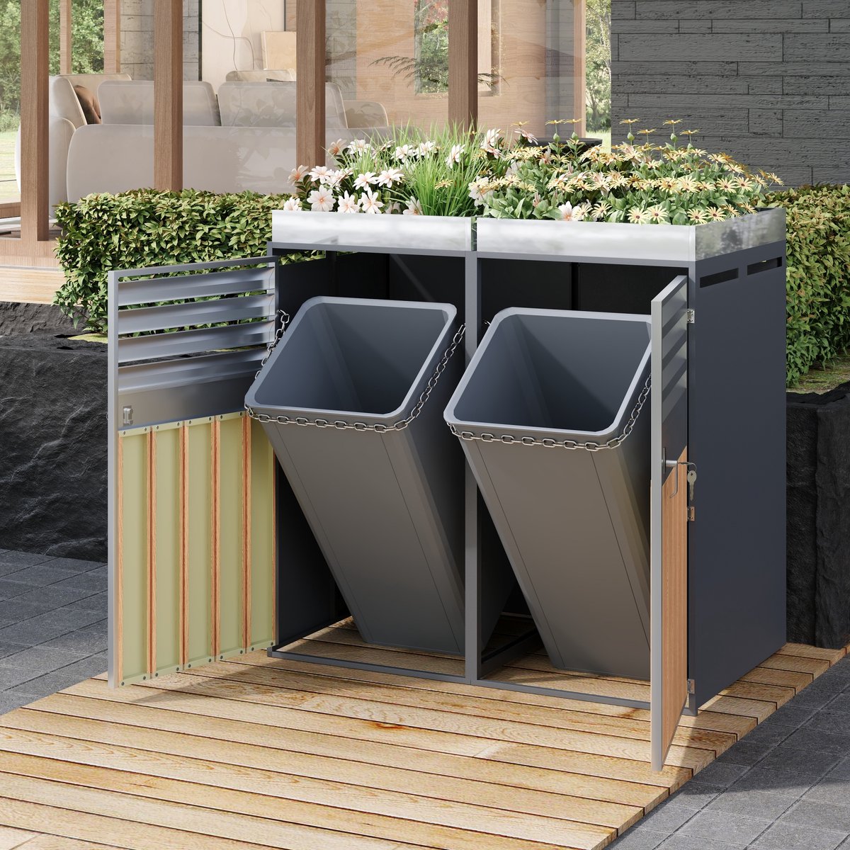 FloraGrace Containerberging - 132 x 80 x 124,5 cm - Afsluitbaar Met Plantenbak - Metaal - Grijs En Houtlook - Voor 4 Containers Buiten