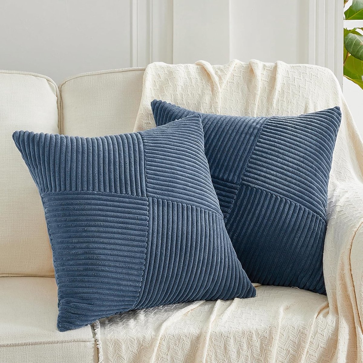 SnelShoppen - Set van 2 Decoratieve Kussenhoezen 45x45 cm, Denim Blauw Boho, Diagonaal Gestreept Patroon, Zachte Corduroy Velvet, Sofa Kussens, Woonde