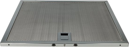 Metalen vetfilter met zilverkleurig frame, een gaaspatroon en een grijze handgreep in het midden.