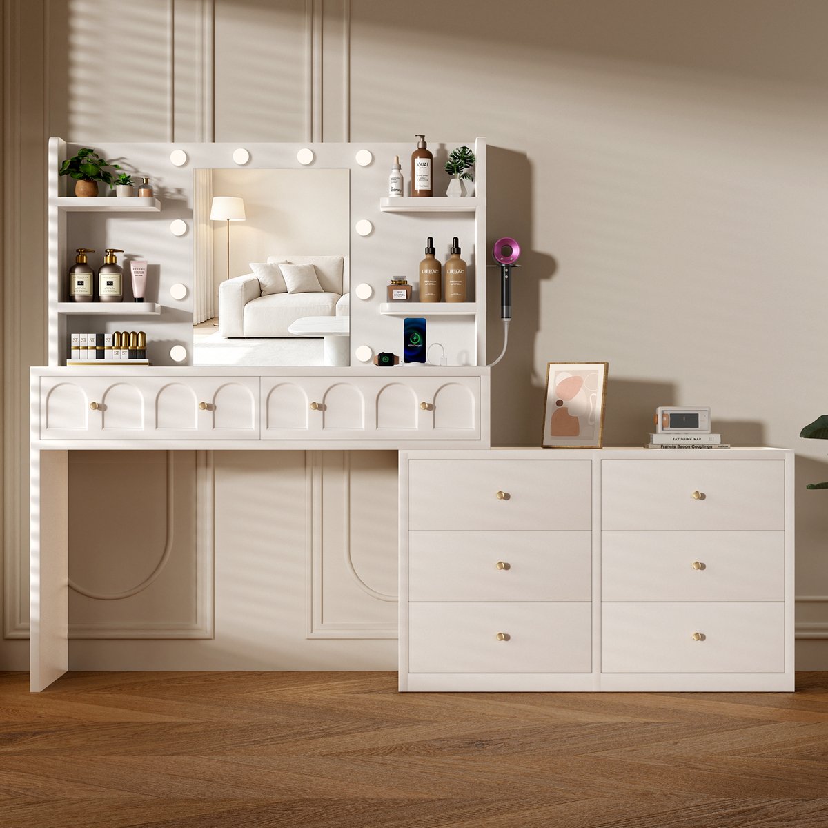 Lexzurn Kaptafel - make up tafel met spiegel - 3 soorten LED-verlichting - draaibaar L-vormig - Met haak voor föhn - Met Stopcontacten & USB-poorten- 8 laden en 11 open opbergruimten - 164x135x40 cm - Voor Slaapkamer Kleedkamer - Wit