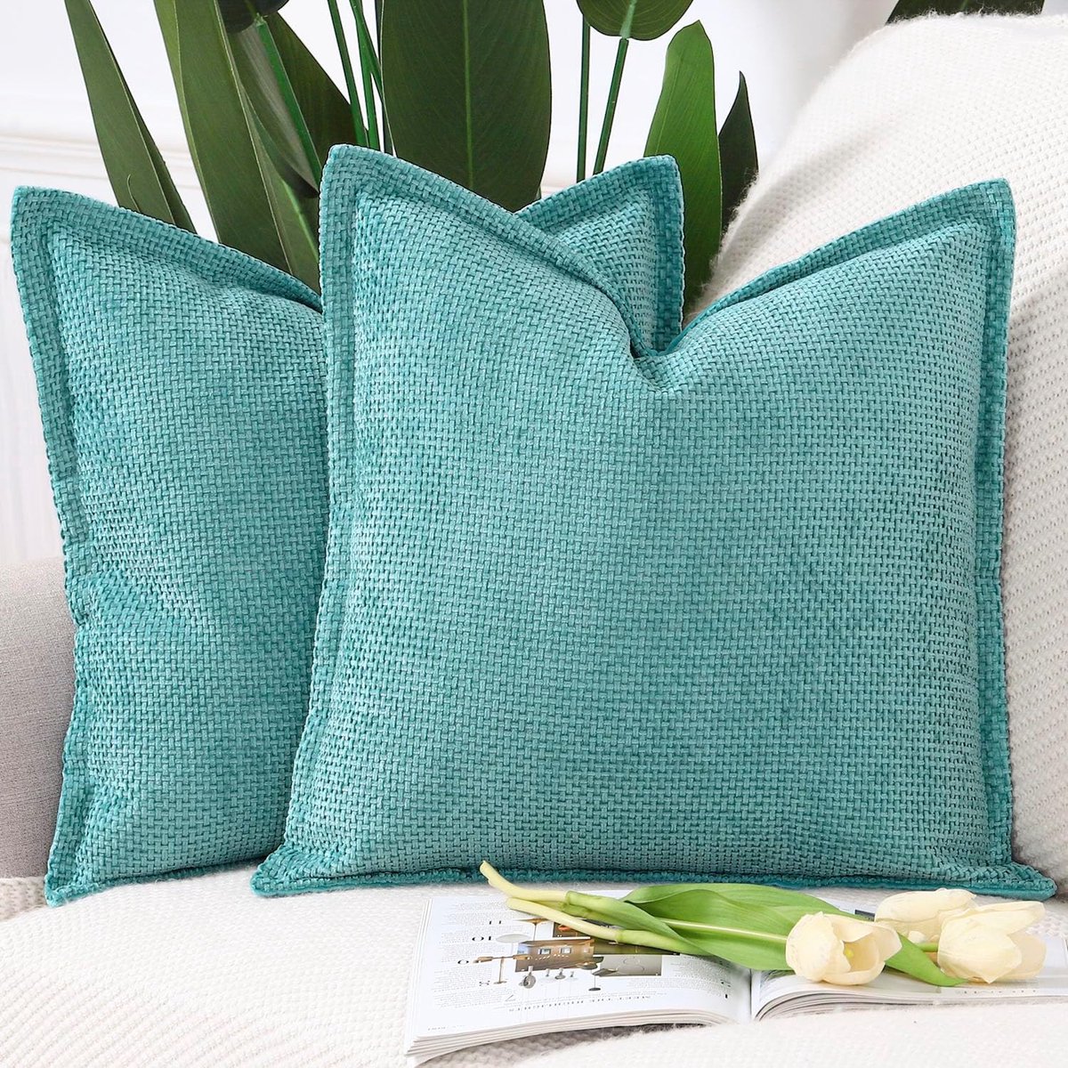 SnelShoppen - Set van 2 Zachte Korte Chenille Velvet Fringe Kussenslopen Decoratieve Kussenhoezen voor Bank en Slaapkamer 45x45cm Turquoise