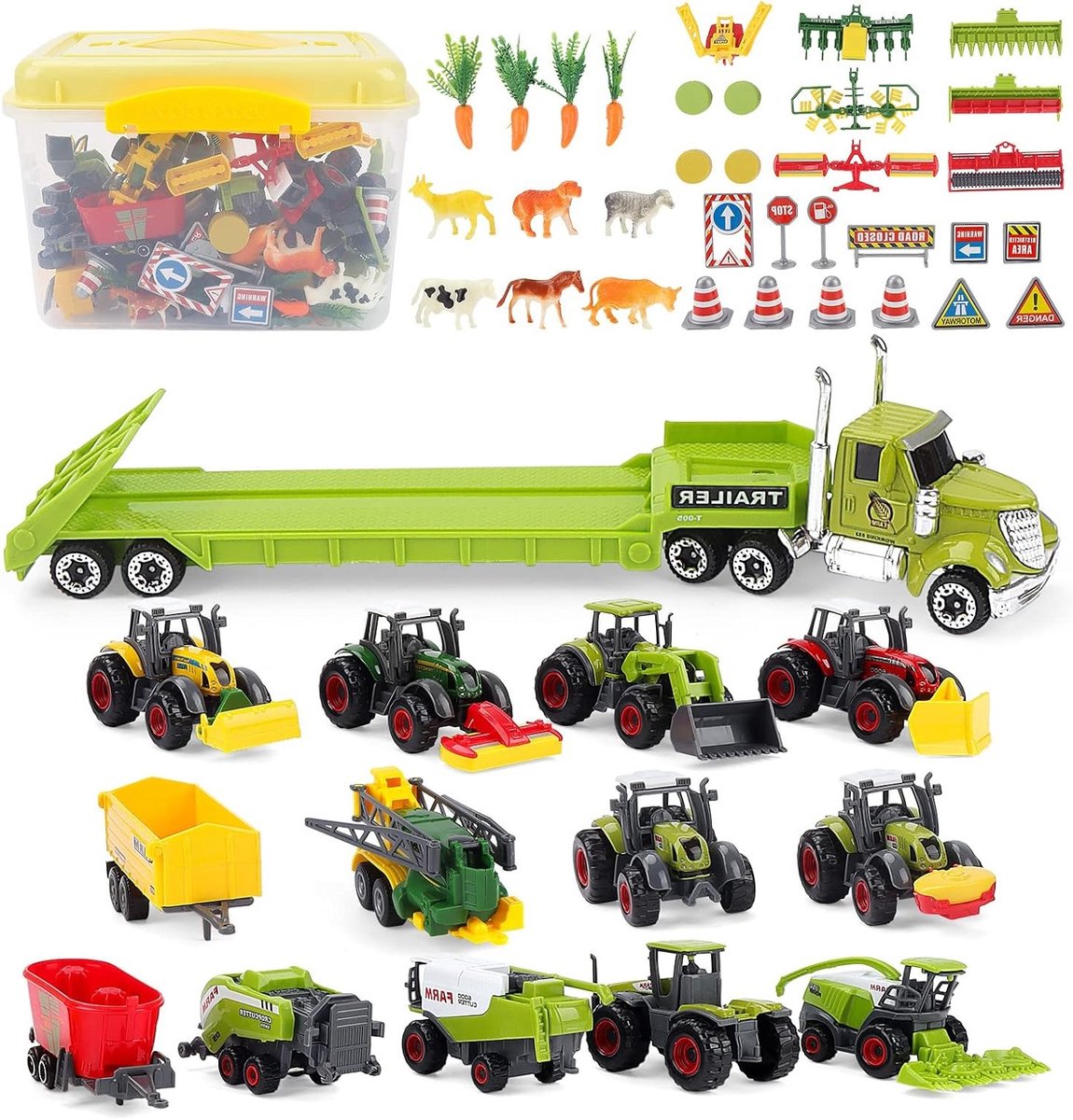 31-delige afneembare voertuigen met tractoren, bestelwagens en opbergdoos inclusief boerderijdieren en accessoires