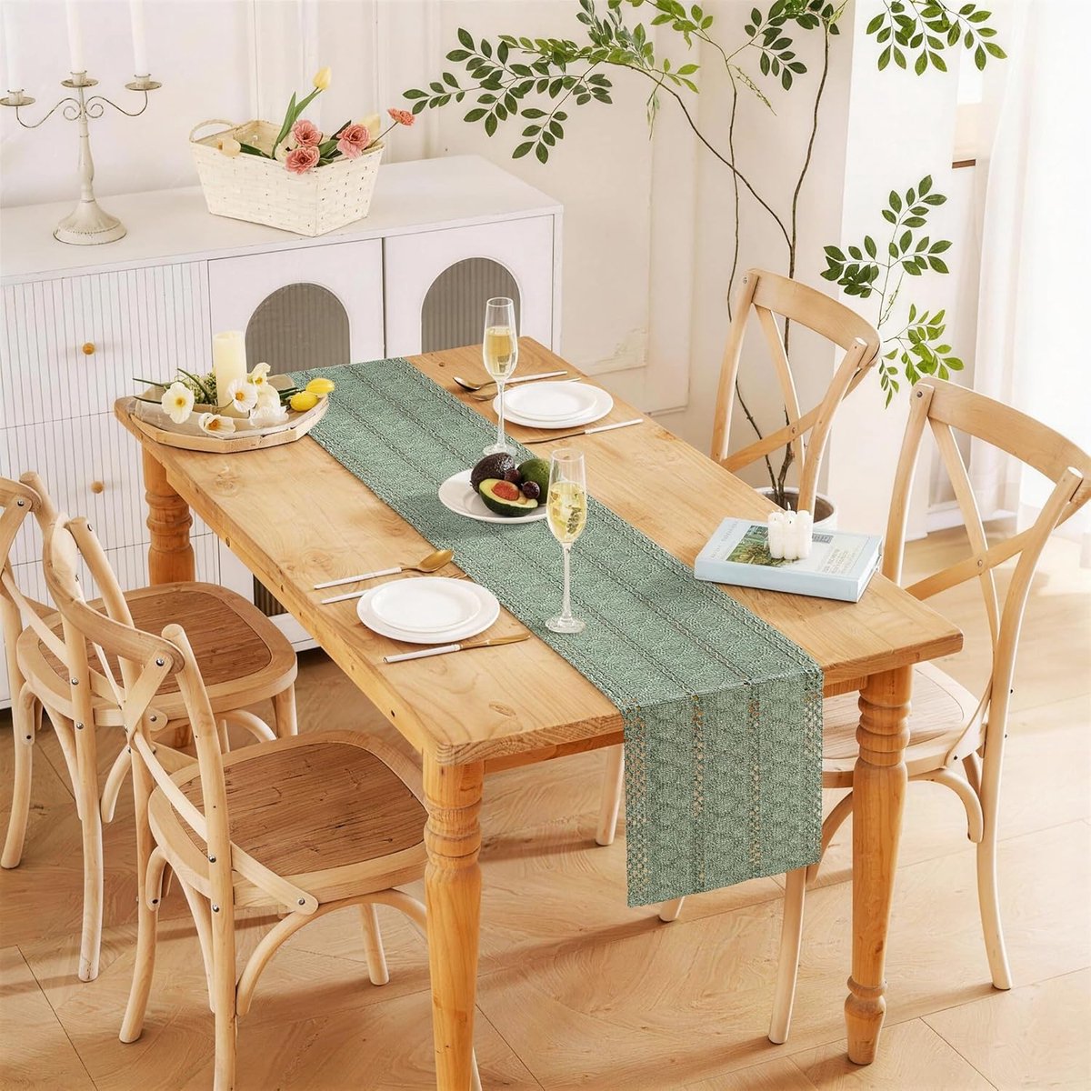 SnelShoppen - Tafelloper Saliegroen Boho Macramé 30x140 cm - Handgeweven Katoen-Linnen Tafelkleed voor Eettafel, Bruiloft, Feestelijke Decoratie
