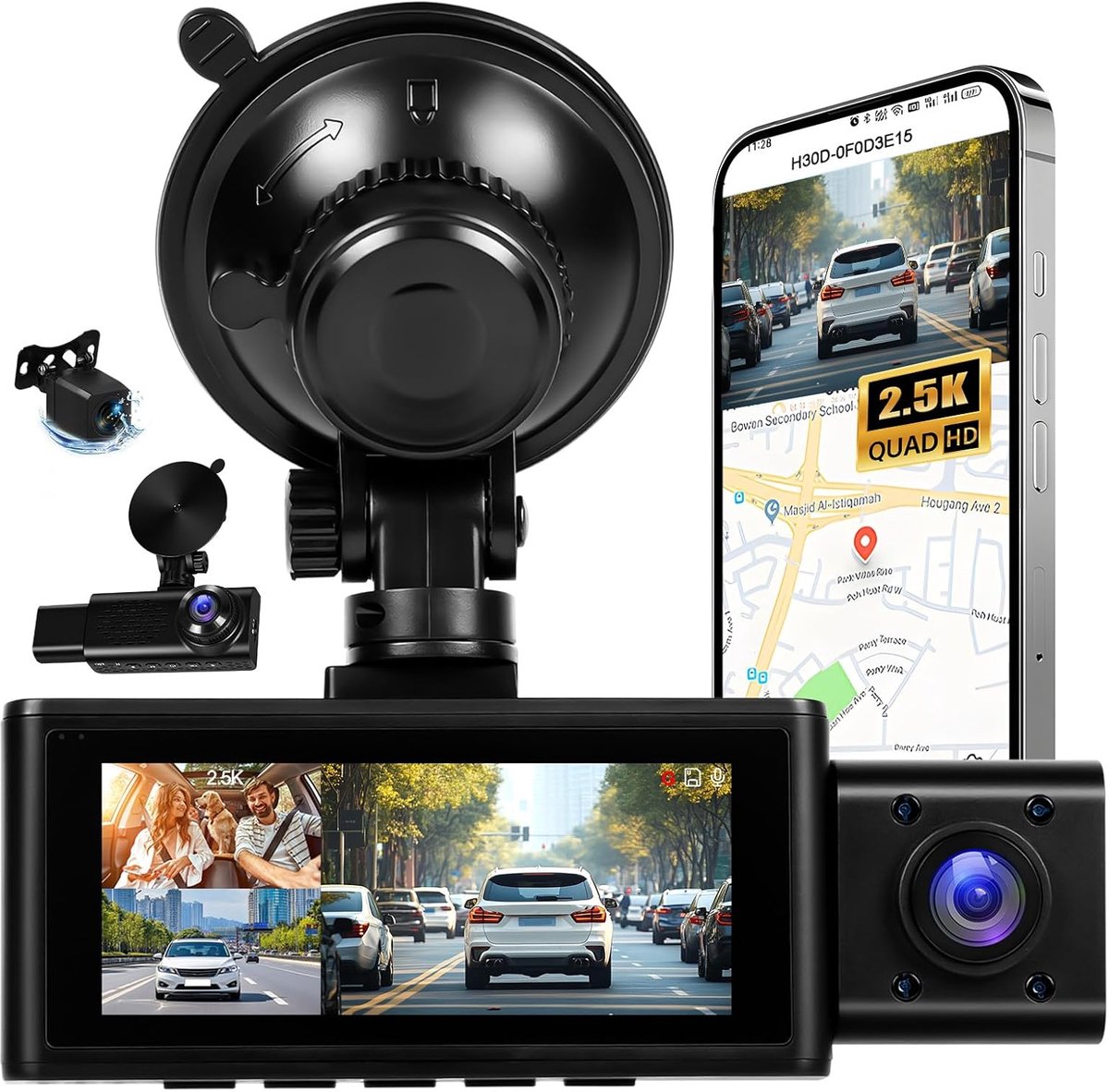 SnelShoppen - 2.5K 3-Kanalen Dashcam met GPS, App Besturing, G-Sensor, Nachtzicht, 24-Uurs Parkeerfunctie, Full HD 1080P, Auto Camera