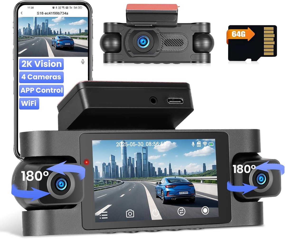 SnelShoppen - 4-Kanaals Dashcam met WiFi, 2K Voor en 1080P Achter, 360° Beveiligingscamera voor Auto met 64GB Kaart, G-Sensor, Nachtzicht, Parkeerbewa