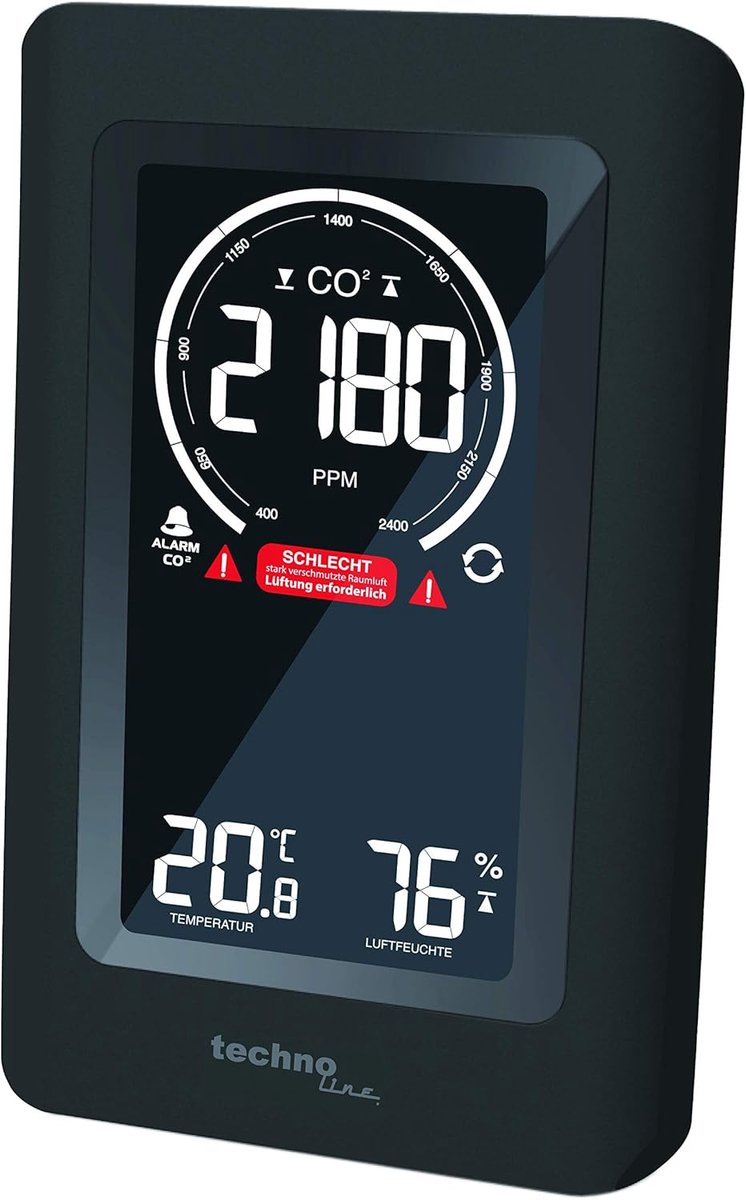 SnelShoppen - CO2 Messgerät, NDIR Sensor, Kleurrijke CO2-Anzeige met Ventilatie Aanbevelingen (groen, geel, rood), Zwart, Voor Thuis, Kantoor, Feest,