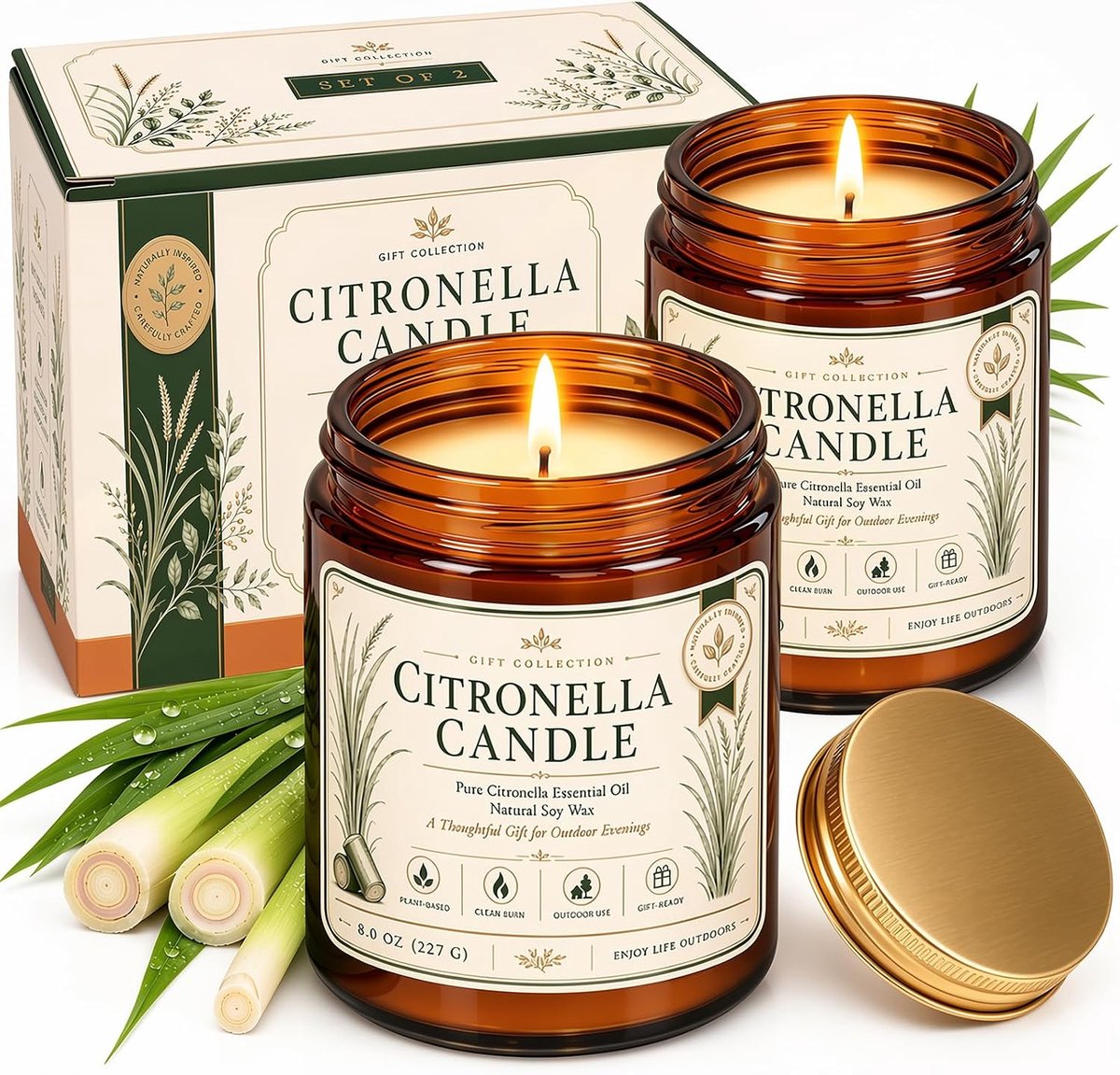 SnelShoppen - Citronella Kaars Buiten Set van 2, 8oz/227g Glazen Kaarsen voor Tuin, Camping, Balkon, Terras, Feest, Cadeau