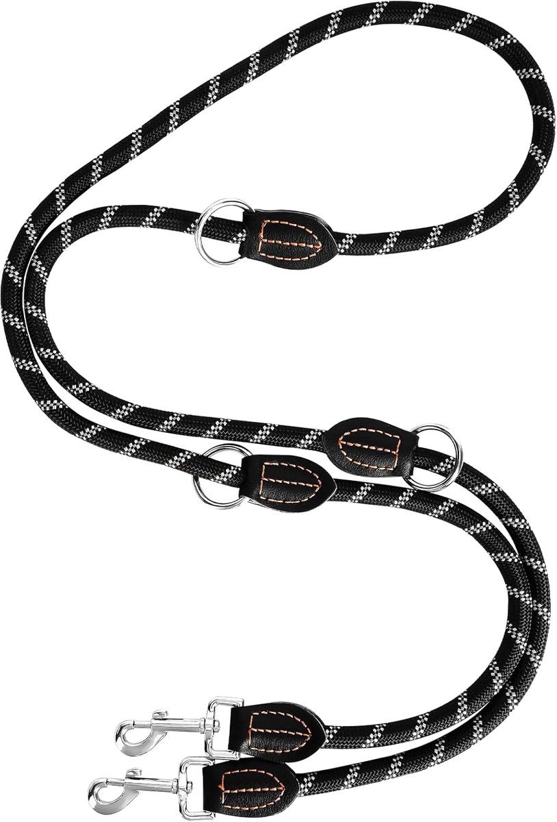 SnelShoppen - 2M Verstelbare Hondenriem voor Grote en Middelgrote Honden, Multifunctionele Dubbele Nylon Leash met 2 Karabijnhaken, Zwart