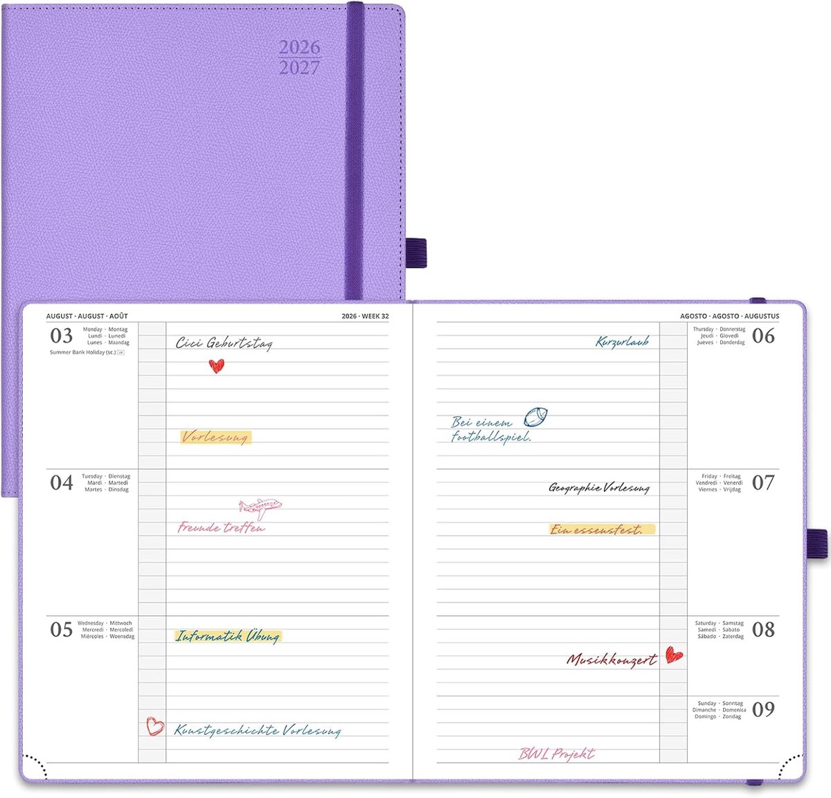 SnelShoppen - Horizontale Wochenplaner 2026 2027 - 17-Maanden Terminkalender - PU Leer - Lavender - K7 Formaat - Schoolplanning en Organisatie