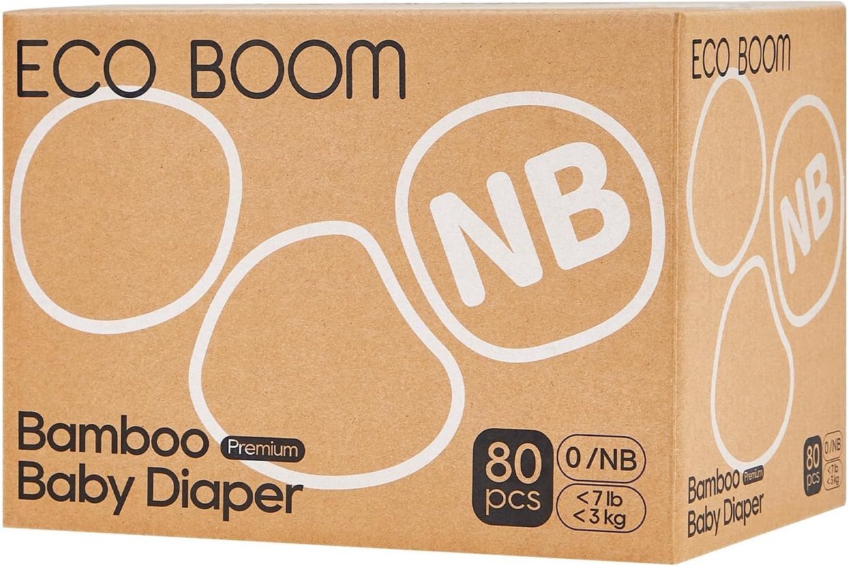 SnelShoppen - ECO BOOM Premium Ecologische Baby Luiers Maat 0 (0-3 kg) van Bamboe, 80 Stuks, Ideaal voor Gevoelige Babyhuid, Hoogwaardige Absorptie, D