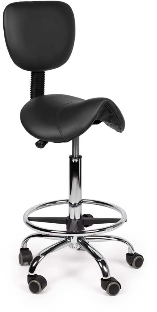 Ergonomische Zadelkruk Zwart met Rugleuning – Verstelbare Zadelstoel met Wielen – Comfortabele Werkkruk voor Salon, Kappers & Thuis - Zithoogte 50-68cm - met Voetsteun