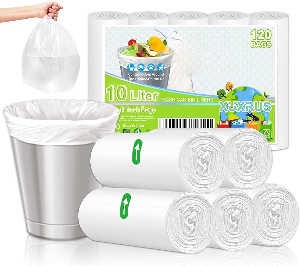 SnelShoppen - Biodegradable Vuilniszakken 10 Liter - Sterke Afvalzakken voor Keuken, Badkamer, Kantoor - 120 Stuks, Wit, Geschikt voor 6-10 Litre Prul