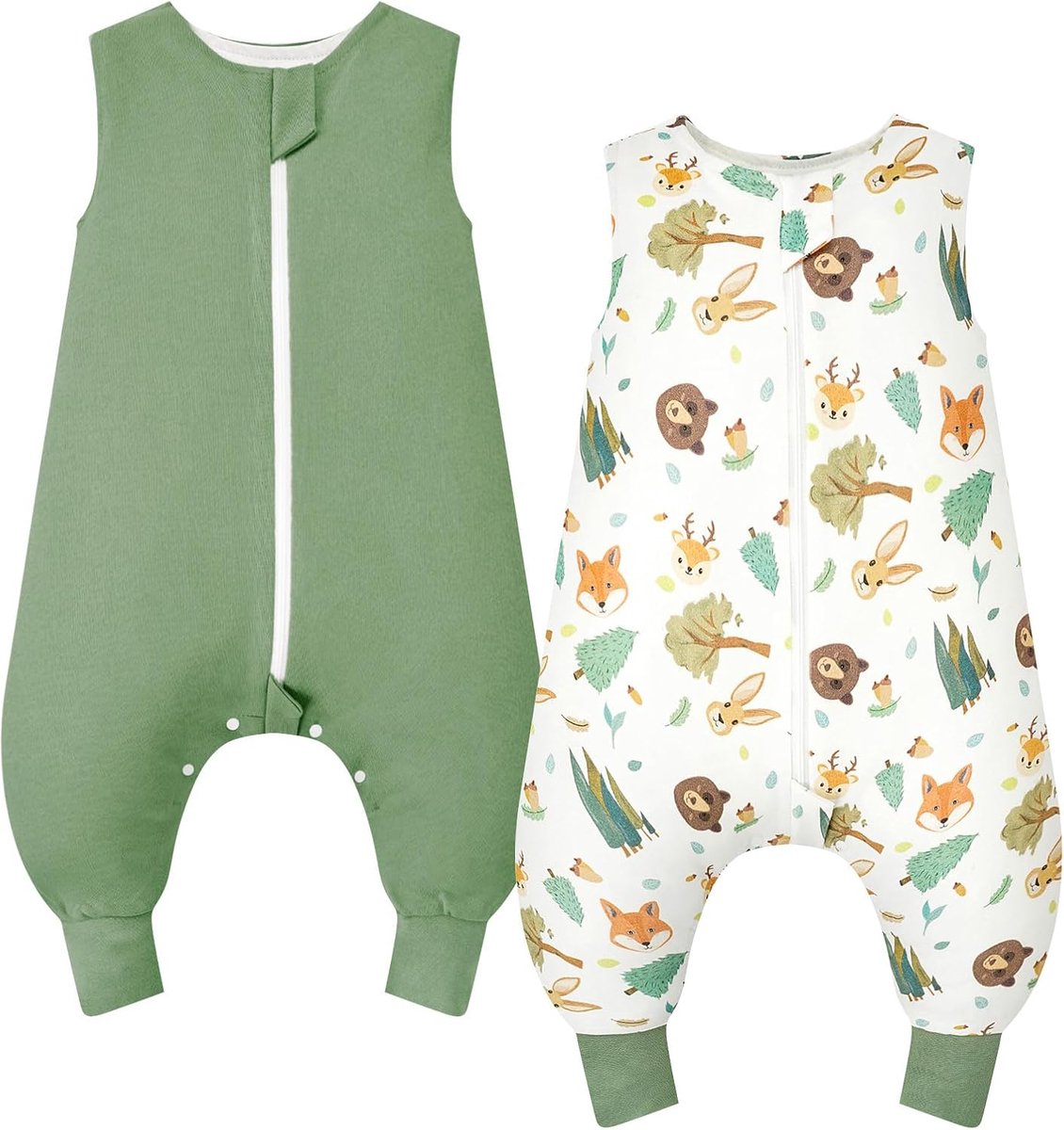 SnelShoppen - Baby Slaapzak met Voeten 1.0 Tog, 100% Katoen, 80 cm, Set van 2, Maat voor Jongens en Meisjes, Bosdieren + Lichtgroen, Ideaal voor Thuis