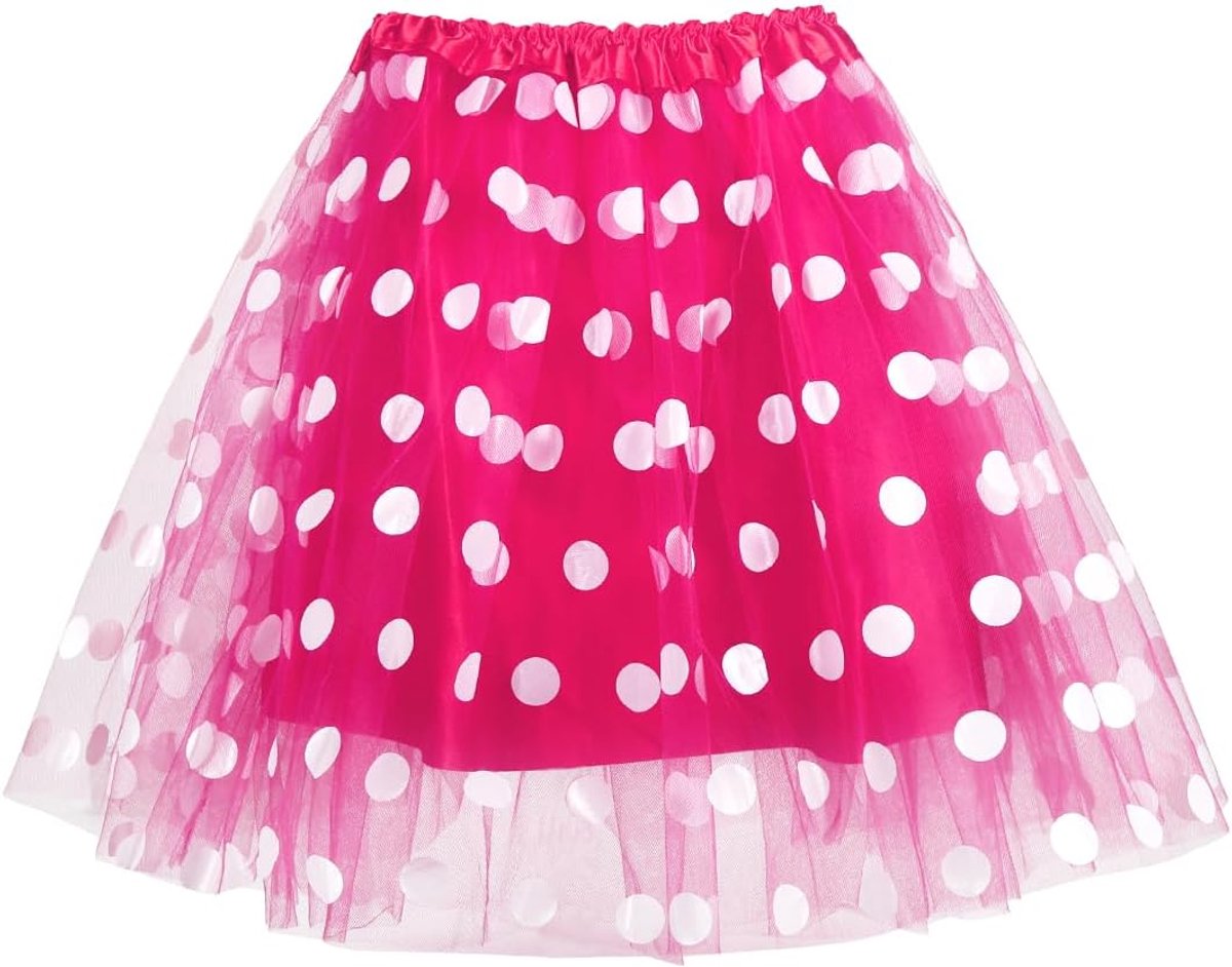 SnelShoppen - Women's Tulle Skirt 45 cm Tutu Hoop Skirt in Roze met Witte Dots - Elastische Petticoat voor Carnaval, Halloween en Feestjes