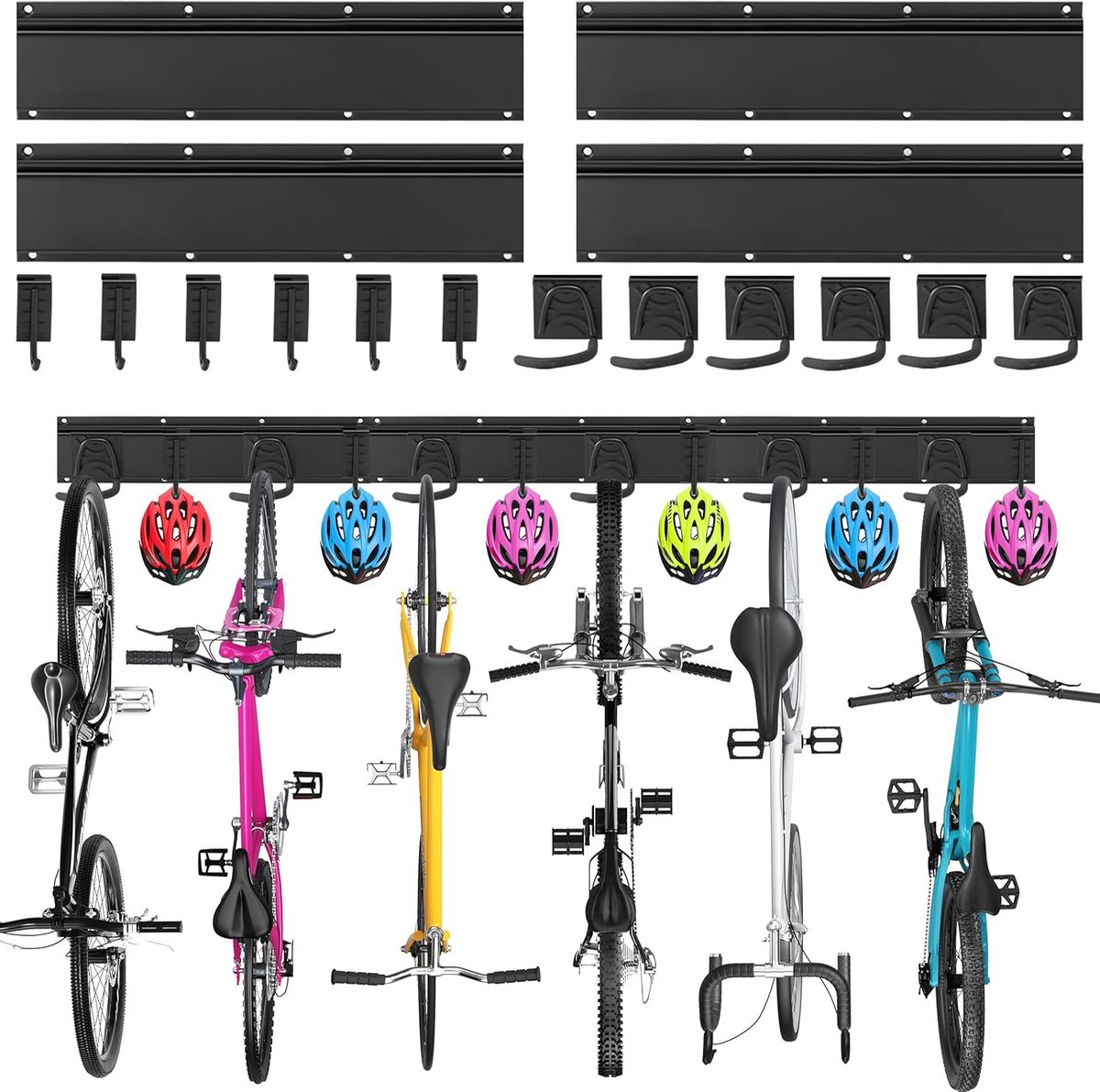 SnelShoppen - Fietsen Parkeerplaats - Wandmontage Fietsenrek voor 6 Bikes + 6 Helmen - Verticale Fiets Hanger voor Garage of Thuis - 4 Rail Systeem