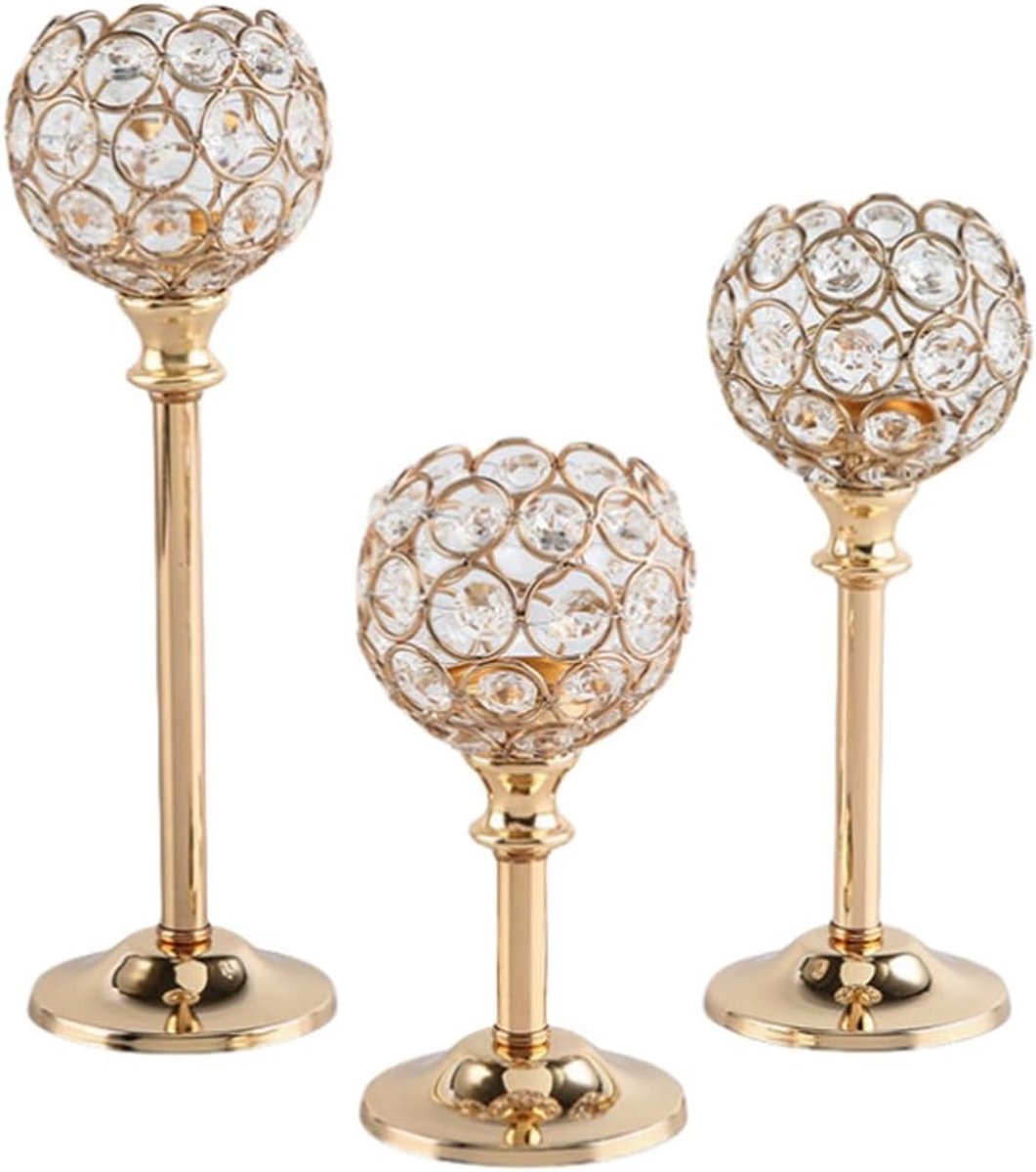 SnelShoppen - Set van 3 Gouden Kandelaren, Kristallen Kandelaren, Moderne Kandelaren voor Bruiloftstafel en Kerstdecoratie, Rod Kandelaar 17/22/27 cm,