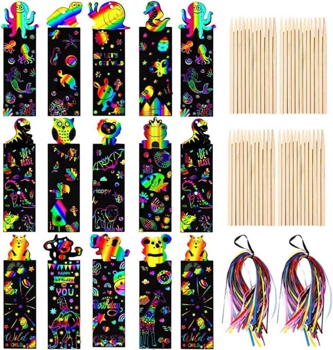 SnelShoppen - 96 Pcs Scratch Art Boekenleggers - 12 Stijlen Magische Krassculpturen Regenboog Boekenleggers voor Kinderen - Perfect voor School, Feest