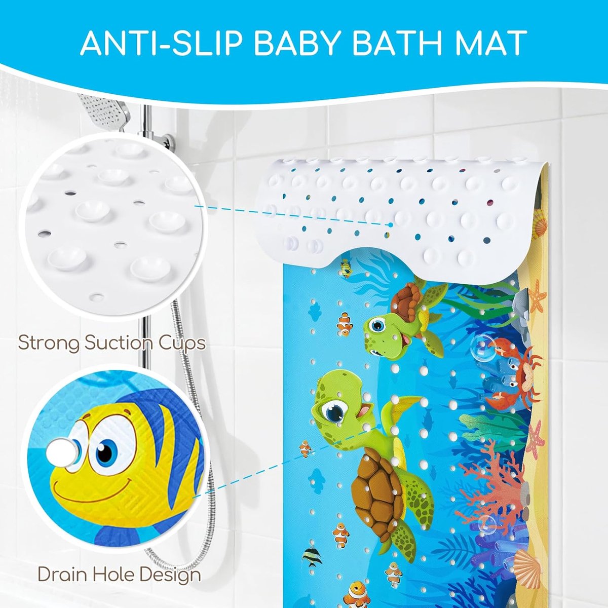 Thijox - Babybadmat 105 x 40 cm Antislip Cartoon Bad Douchemat met Zuignappen en Afvoergaten, Machinewasbaar voor Kinderen - Schildpad Design