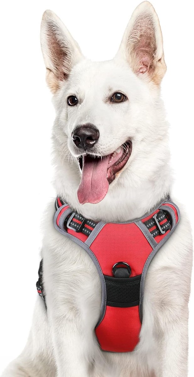 SnelShoppen - Hondentuig No Pull voor Grote Honden - Verstelbaar, Reflecterende Stripes, Zacht en Ademend, Perfect voor Wandelen en Training - Rood XL