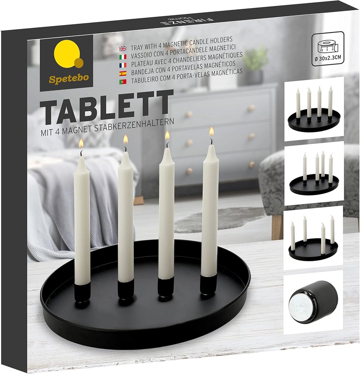 SnelShoppen - Metal Candle Tray Ø 30 cm met 4 Magnetische Kaarsenhouders voor Staande Kaarsen - Zwart - Decoratieve Kaarsenhouder voor Tafel, Feest, T