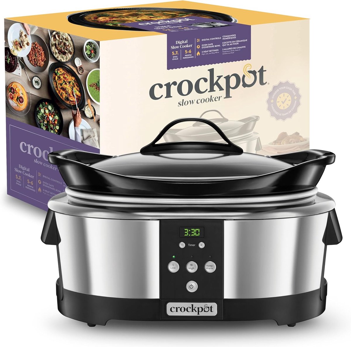 SnelShoppen - Slow Cooker 5.7L met Digitale Countdown Timer, 20 Uur Instelbaar, Automatische Warmhoudfunctie, Geschikt voor 6 Personen, Ovenbestendige