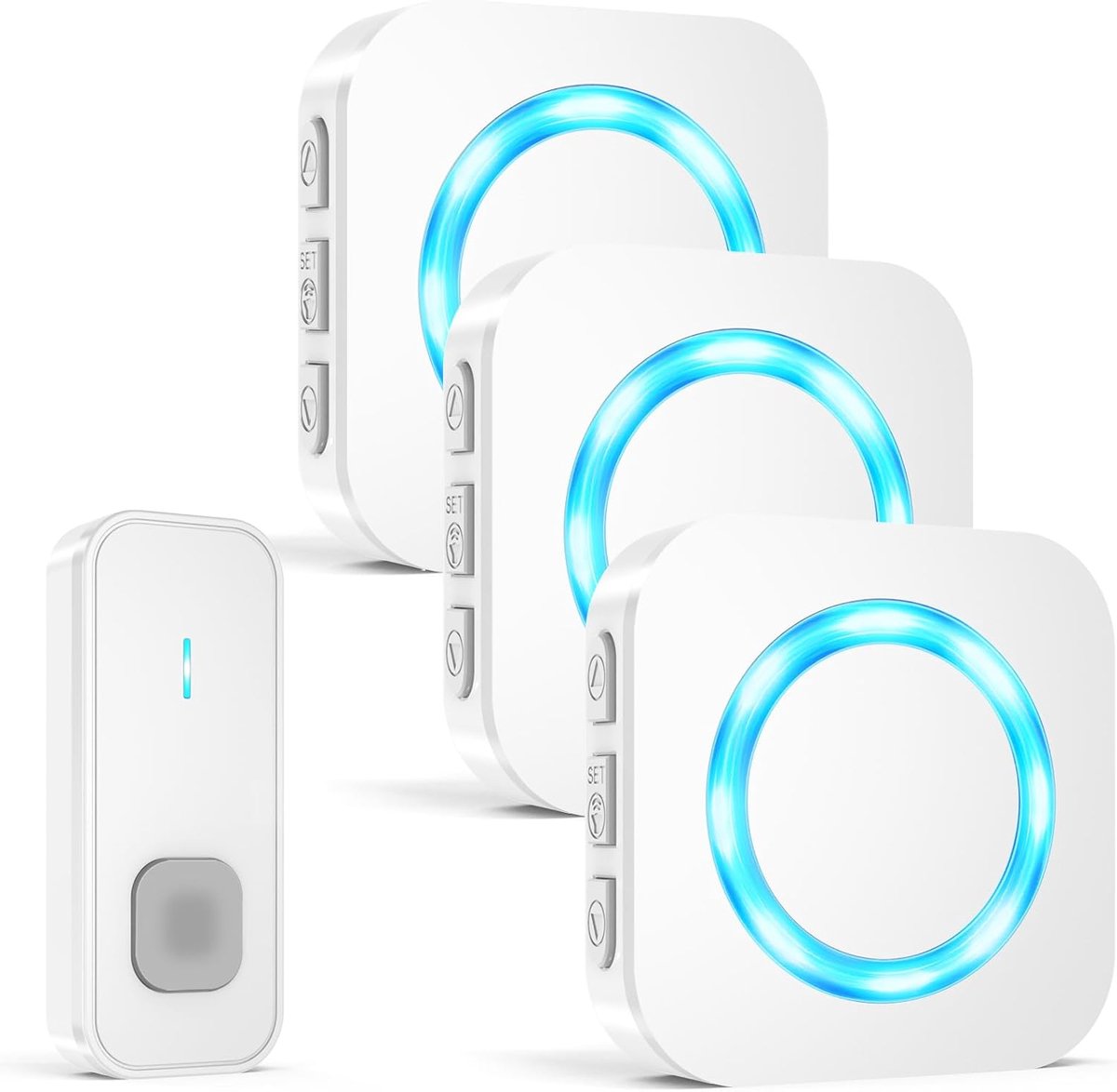 SnelShoppen - Draadloze Deurbel Set met 1 Transmitter en 3 Ontvangers, 400m Bereik, IP55 Waterdicht, 55 Melodieën, 5 Geluidsniveaus met LED Flits