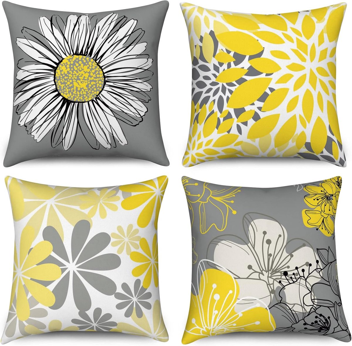 SnelShoppen - Set van 4 Gele Kussenhoezen 45 x 45 cm met Grijze Bloemen - Decoratieve Kussenhoezen voor Sofa, Tuin en Buiten - Moderne Daisy Boho Linn