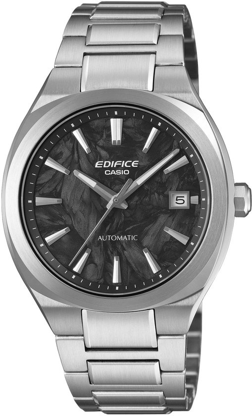 Montre homme Edifice Casio avec bracelet métallique argenté et cadran marbre noir.