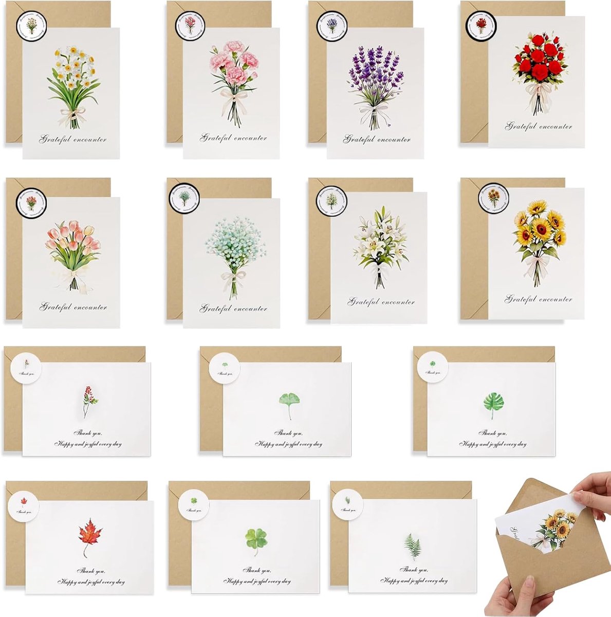SnelShoppen - Thank You Cards Set 14 Stuks Vouwkaarten met Enveloppen en Stickers, Elegante Wilde Bloemen Motief, Hoogwaardig Papier 14x10cm voor Coll