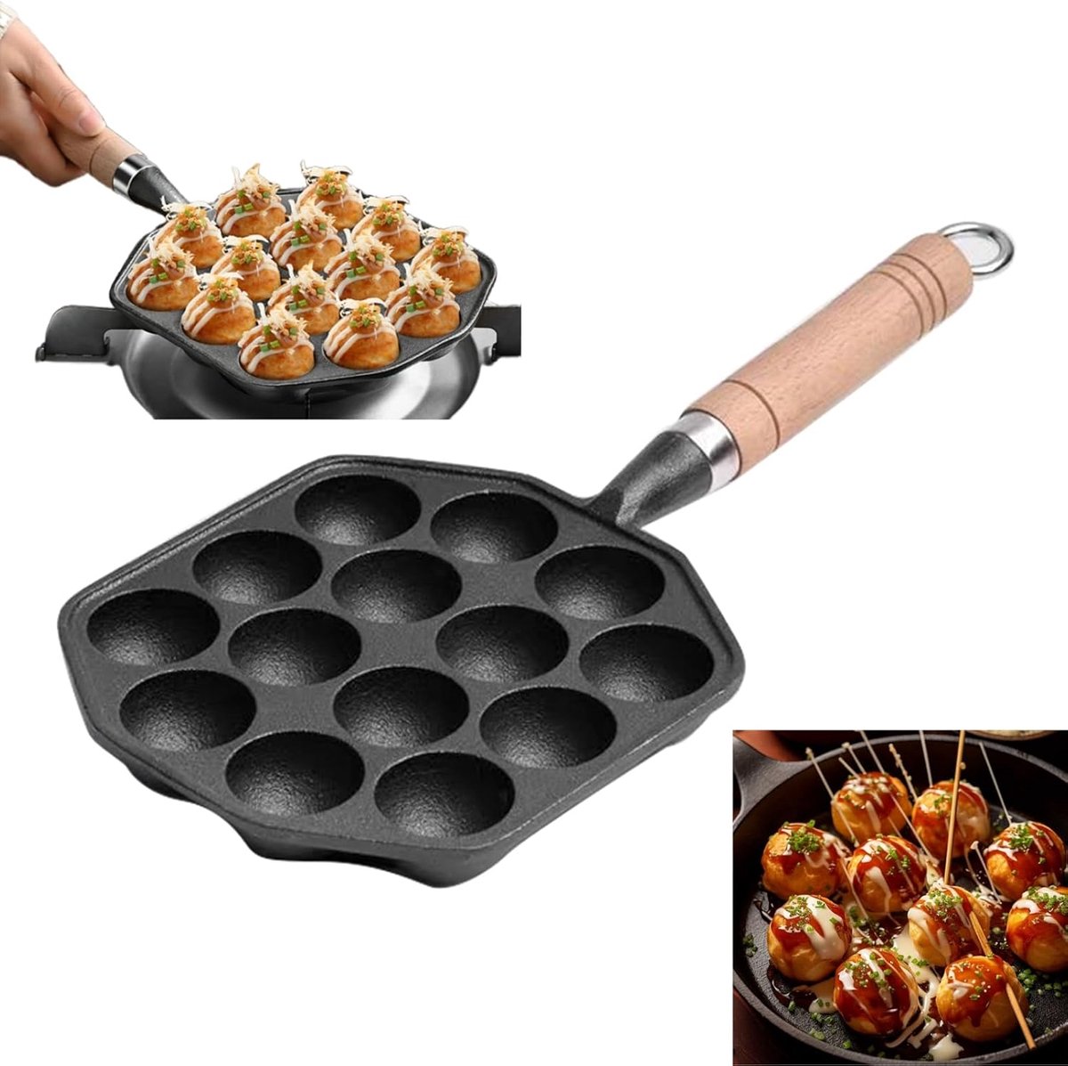 SnelShoppen - Gietijzeren Nonstick Pan 14 Gaten Takoyaki Maker Taiyaki Pan Aebleskiver Poffertjes Pan Mochi Maker Grill Pan Met Afneembare Handvat 16.