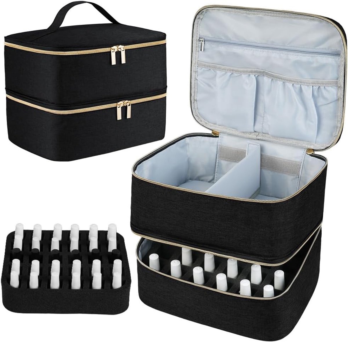 SnelShoppen - Double Layer Nagellak Organizer, Reistas voor 30 Flessen Nagellak en Lipstick, Portable Make-up Tas met Compartimenten voor Nagelbenodig