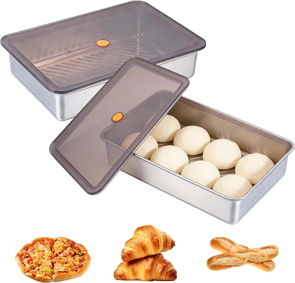 SnelShoppen - 2pcs Pizza Ball Box met Deksel - RVS Pizza Deeg Box voor Fermentatie - Ideaal voor Thuis en Pizzeria - 33.5x23x7.5cm - Perfecte Keuken A