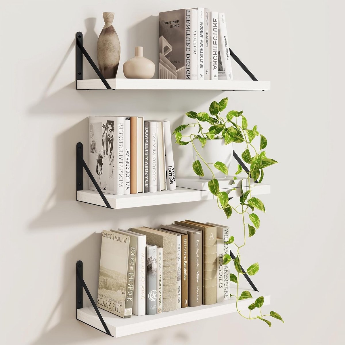 Zwevende Wandplanken Set van 3 - Witte Spaanplaat Planken voor Keuken, Badkamer en Slaapkamer (40 x 15 cm)