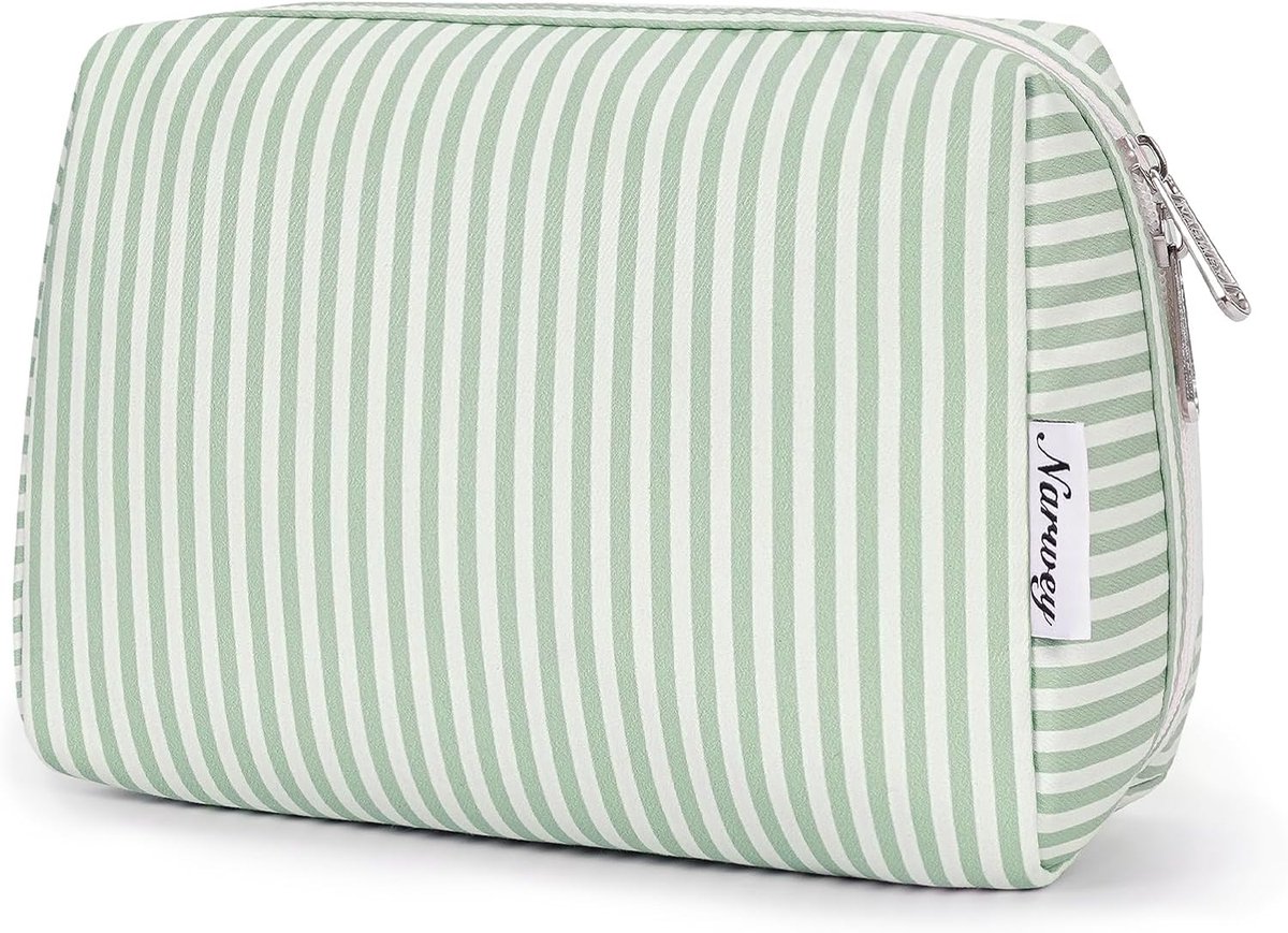 SnelShoppen - Grote Makeup Tas Met Rits - Reis Kosmetiek Organizer voor Vrouwen - Mintgroene Streep - Perfect voor Reizen, Dagelijks Gebruik, Feestjes