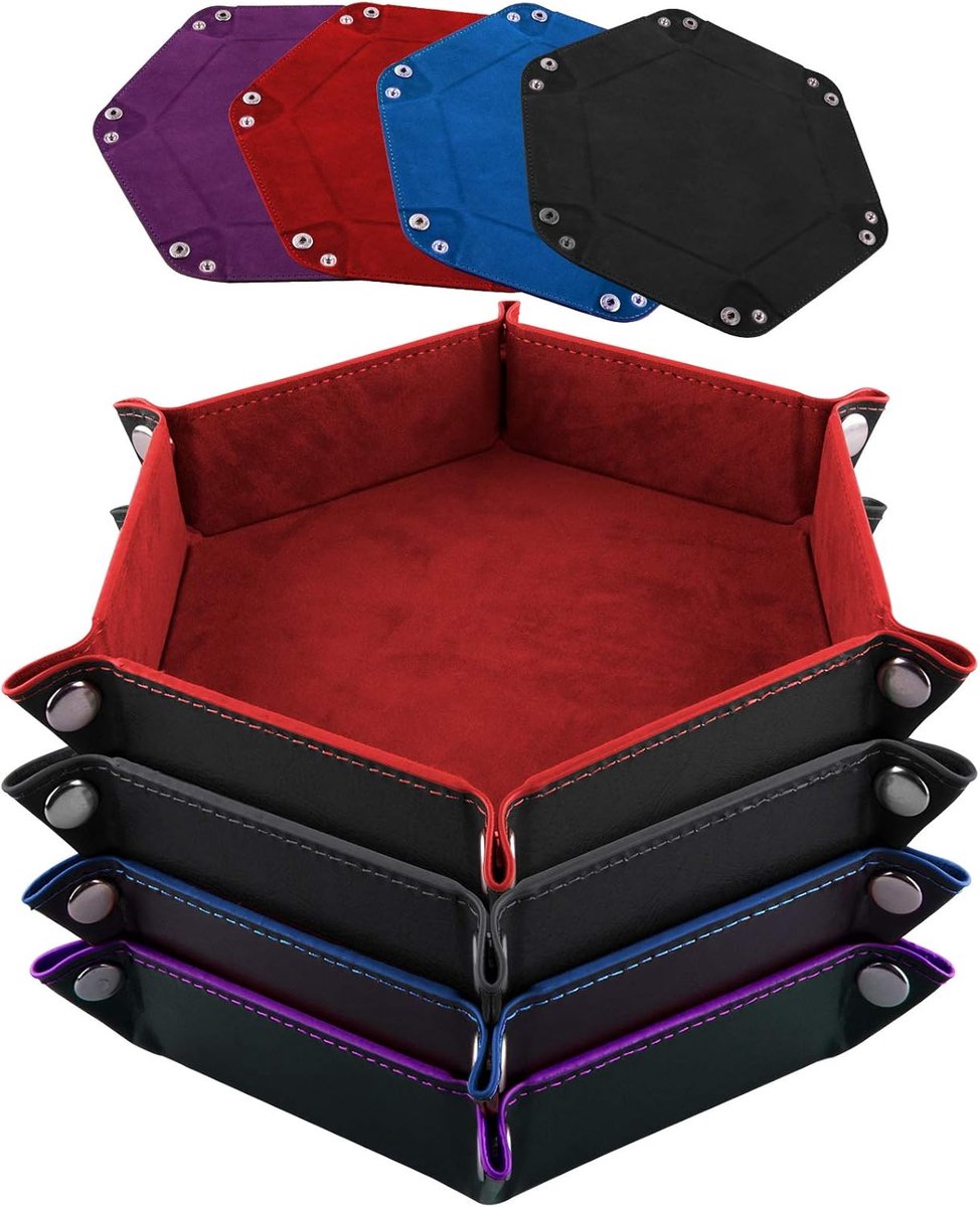 SnelShoppen - 4-delige Hexagonale Dice Tray Set - Vouwbare PU Leren en Velvet Dobbelstenen Tray voor DND, RPG en andere Dobbelspellen - Rood, Zwart, B