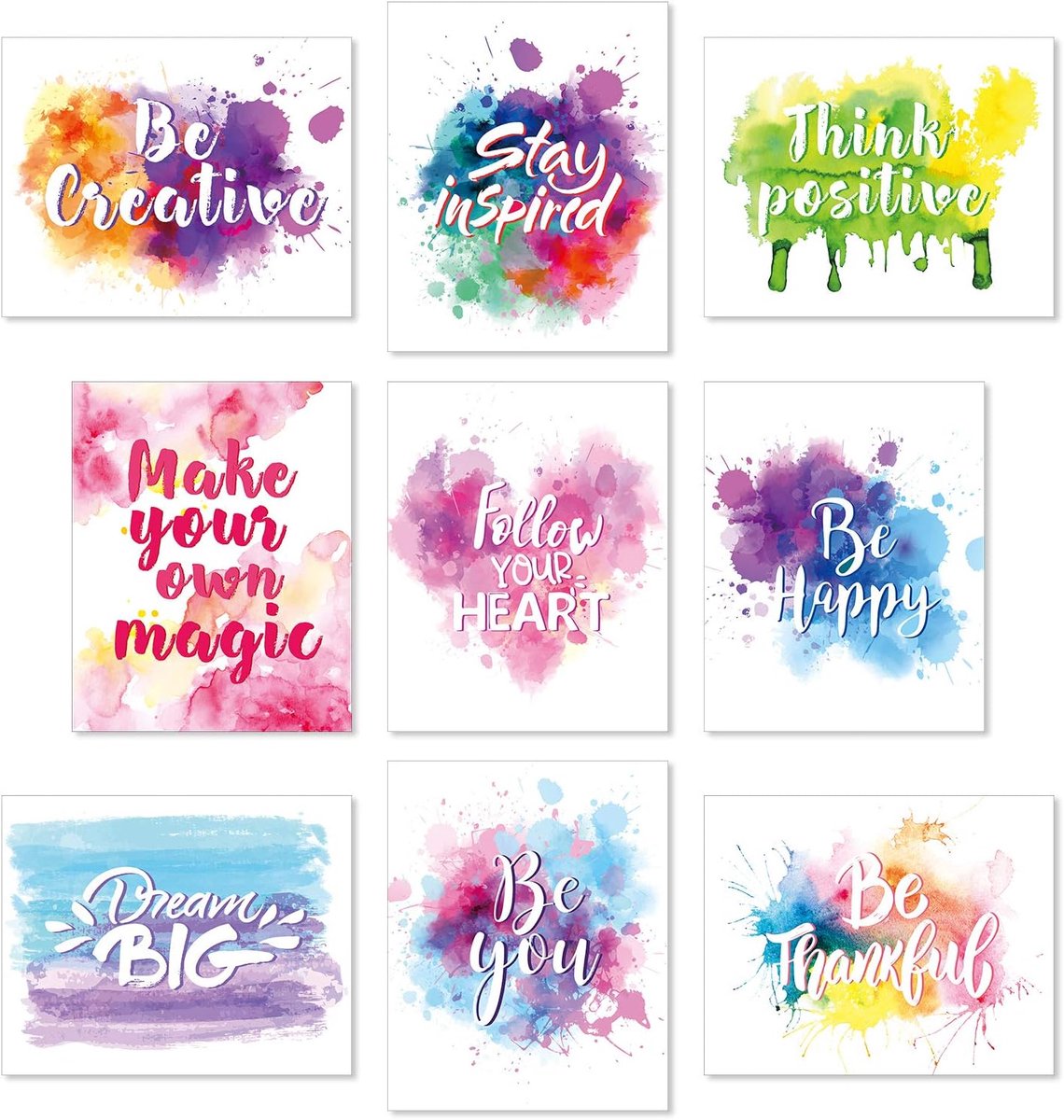 SnelShoppen - Set van 9 Watercolor Inspirerende Muurdecoratie Prints - Abstracte Motivatie Quotes Posters voor Woonkamer, Kantoor, Klaslokaal, Babykam