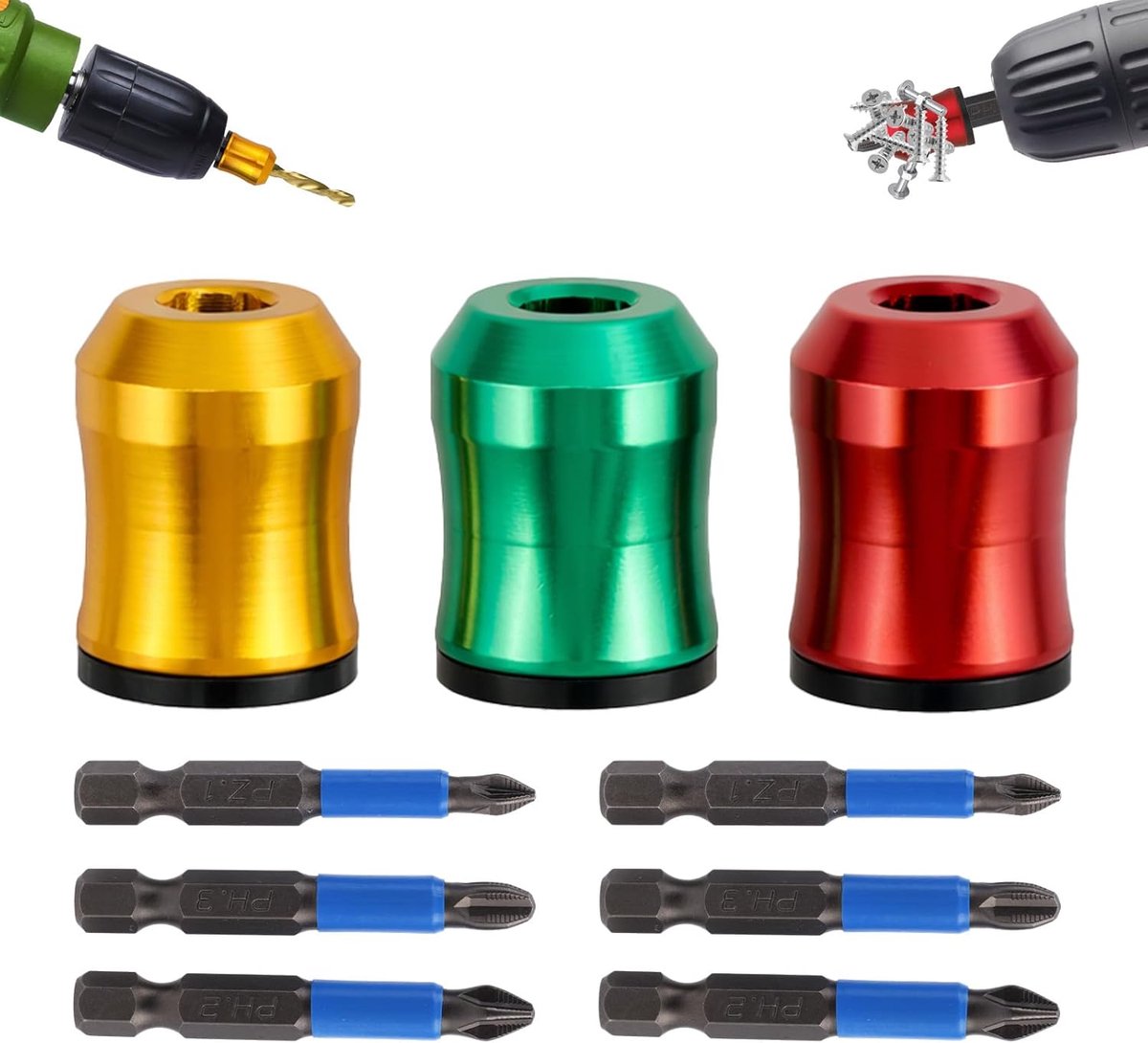 SnelShoppen - 3 Stuks Sterke Magnetische Schroefringen met 6 Antislip Schroevendraaier Bits - Verwijderbare Magnetische Ring Geschikt voor Inbussleute