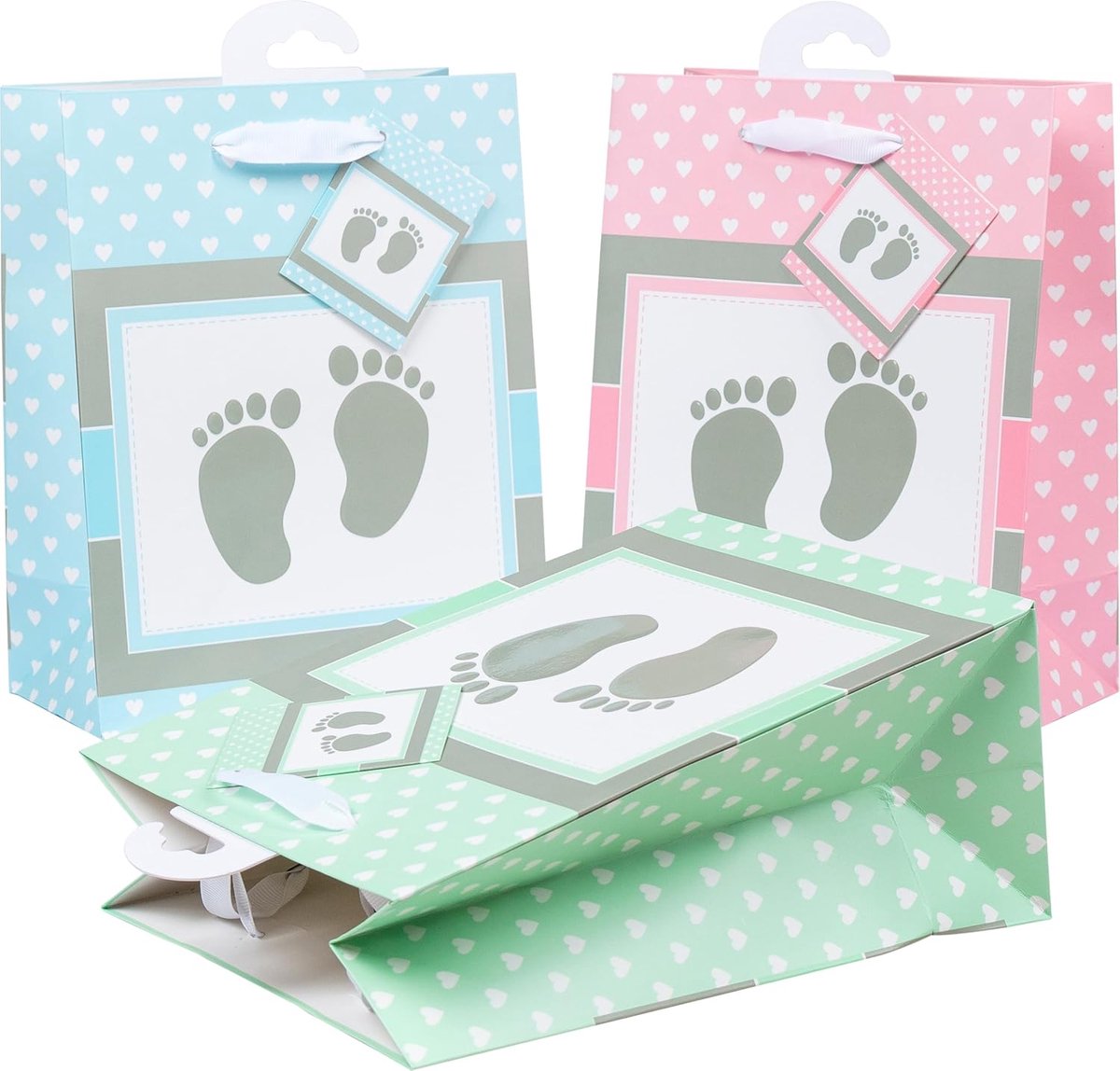SnelShoppen - Premium Cadeauzakjes Baby Pastel 3-pack - 23x18x10 cm - Milieuvriendelijk, Herbruikbaar, Elegante Embossing en UV Lak Afwerking - Perfec