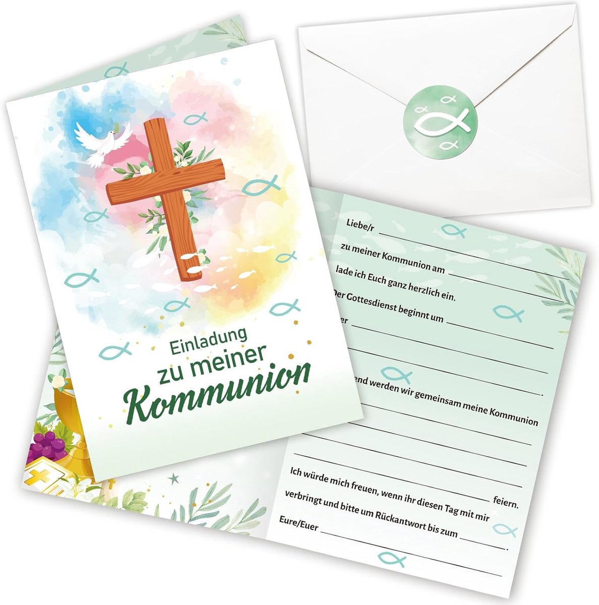 SnelShoppen - 16 Uitnodigingskaarten voor Communie met Enveloppen en Stickers - Eerste Communie Uitnodigingen voor Meisjes en Jongens - Heilige Commun