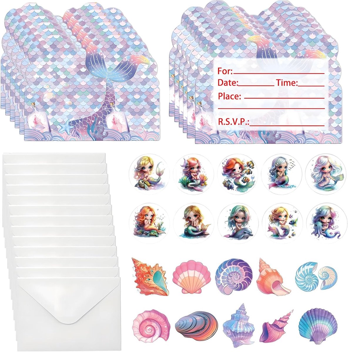SnelShoppen - Uitnodigingskaarten Kinderverjaardag Meisjes Zeemeermin 12 Stuks met Enveloppen en Stickers - Perfect voor Feestdecoratie en Verjaardags