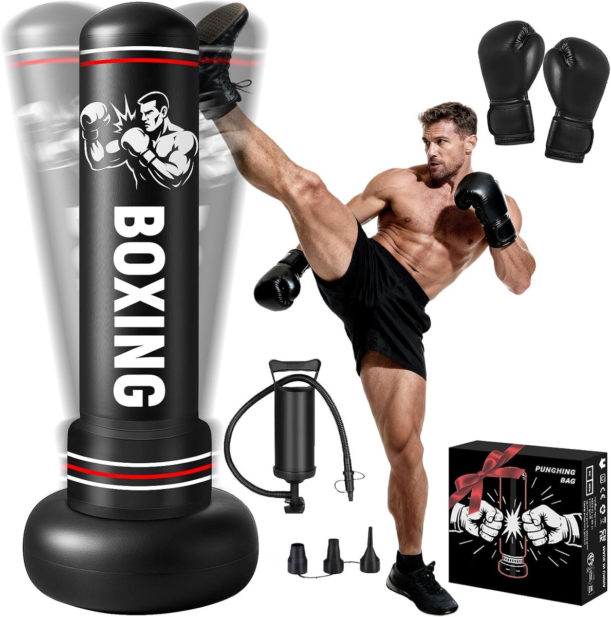 SnelShoppen - Volwassen Vrijstaande Punching Bag 190cm met Bokshandschoenen en Luchtpomp - Opblaasbare Trainingsbal voor Karate, Kickboksen, Gym en Th