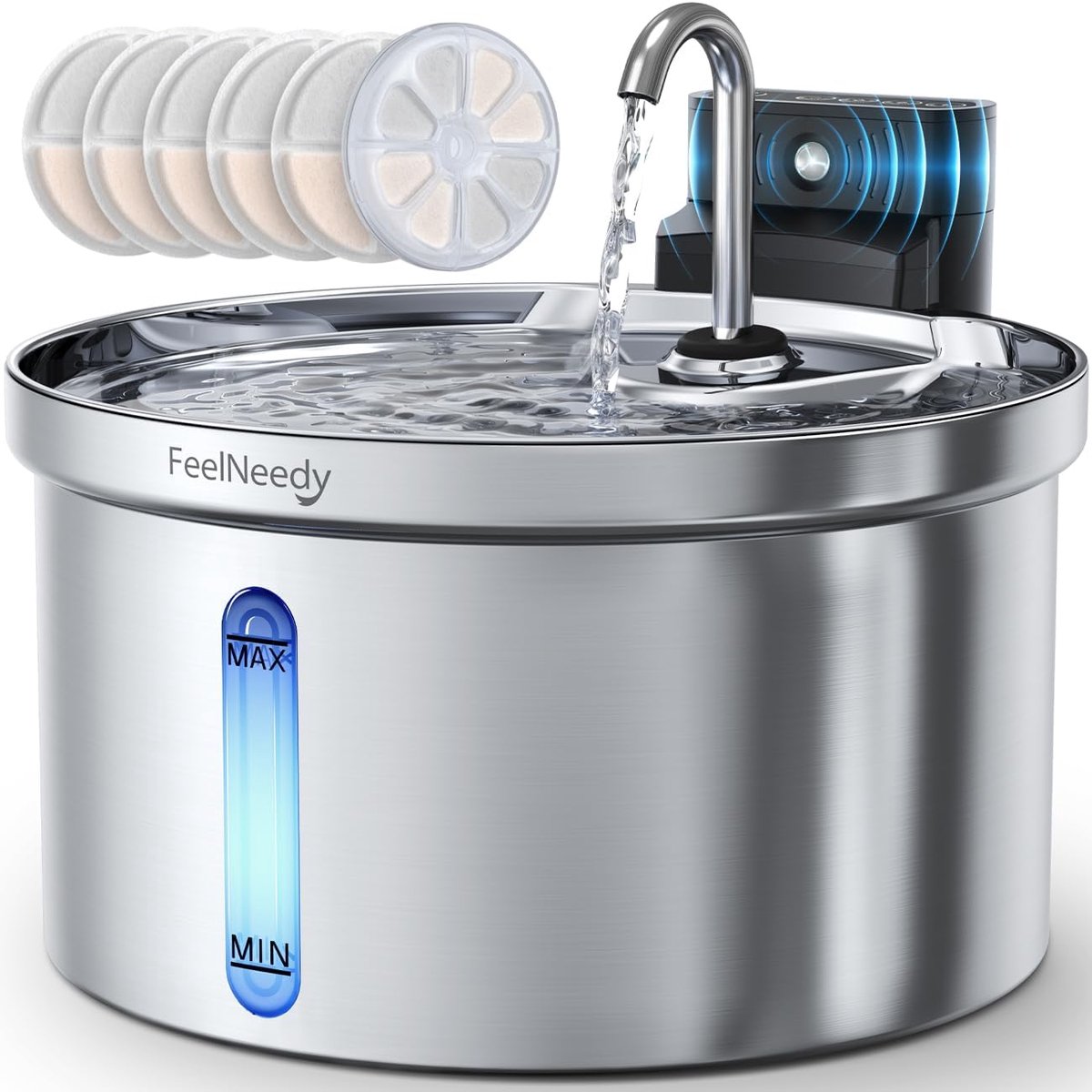 SnelShoppen - RVS Kattenfontein met 6 Filters, 3.5L / 120oz, 4000mAh Accu, Beweegingssensor, Water en Accu Scheiding, Ideaal voor Thuis of Kamperen