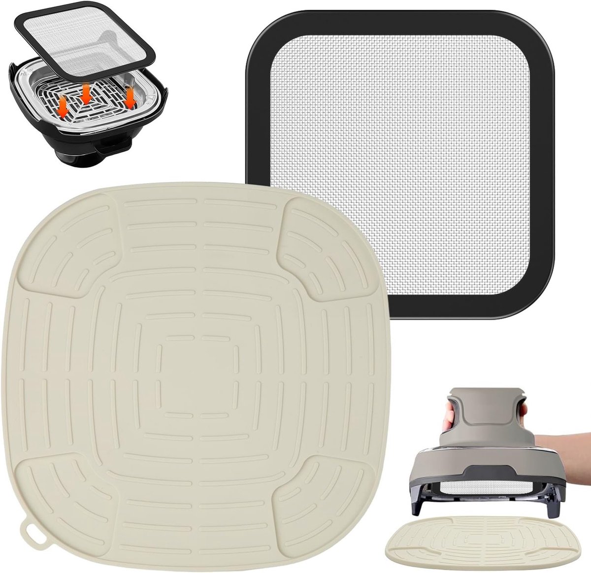 Accessoires voor Airfryer: RVS Fijnmazig Spatscherm + Siliconen Warmtebestendige Pad voor Hot Air Fryer, Geschikt voor Verschillende Modellen