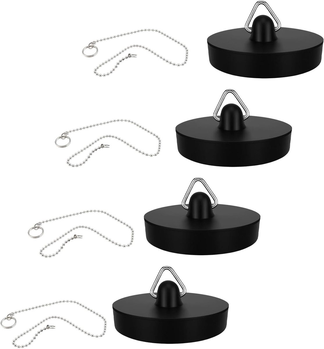 Set van 4 Afvoerstoppen met Diameter 45-47 mm en 40 cm RVS Ketting, Flexibele PVC Stoppen voor Wasbak, Badkuip en Keukenafvoer, Waterdichte Afvoerpluggen